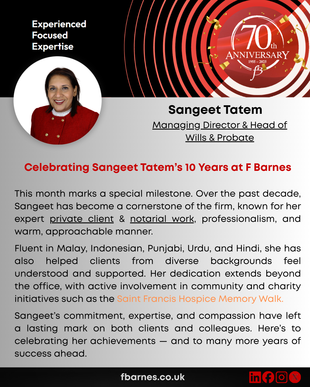 Sangeet Tatem celebrates 10 years at F Barnes Solicitors