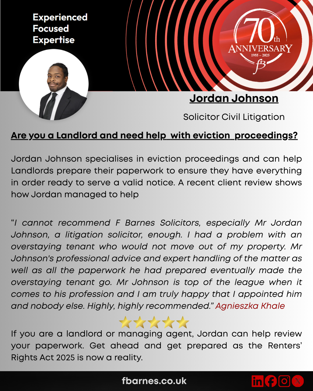 Renters’ Rights Act 2025 – Jordan Johnson of F Barnes Solicitors can help with Eviction Proceedings