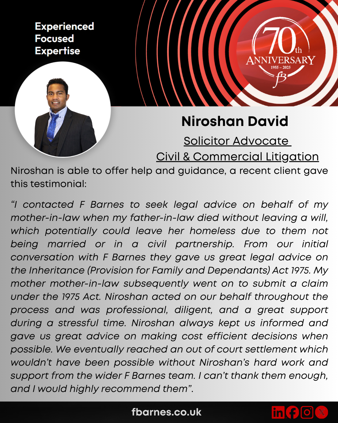 Niroshan David receives praise for assisting a client with an Inheritance Act 1975 claim