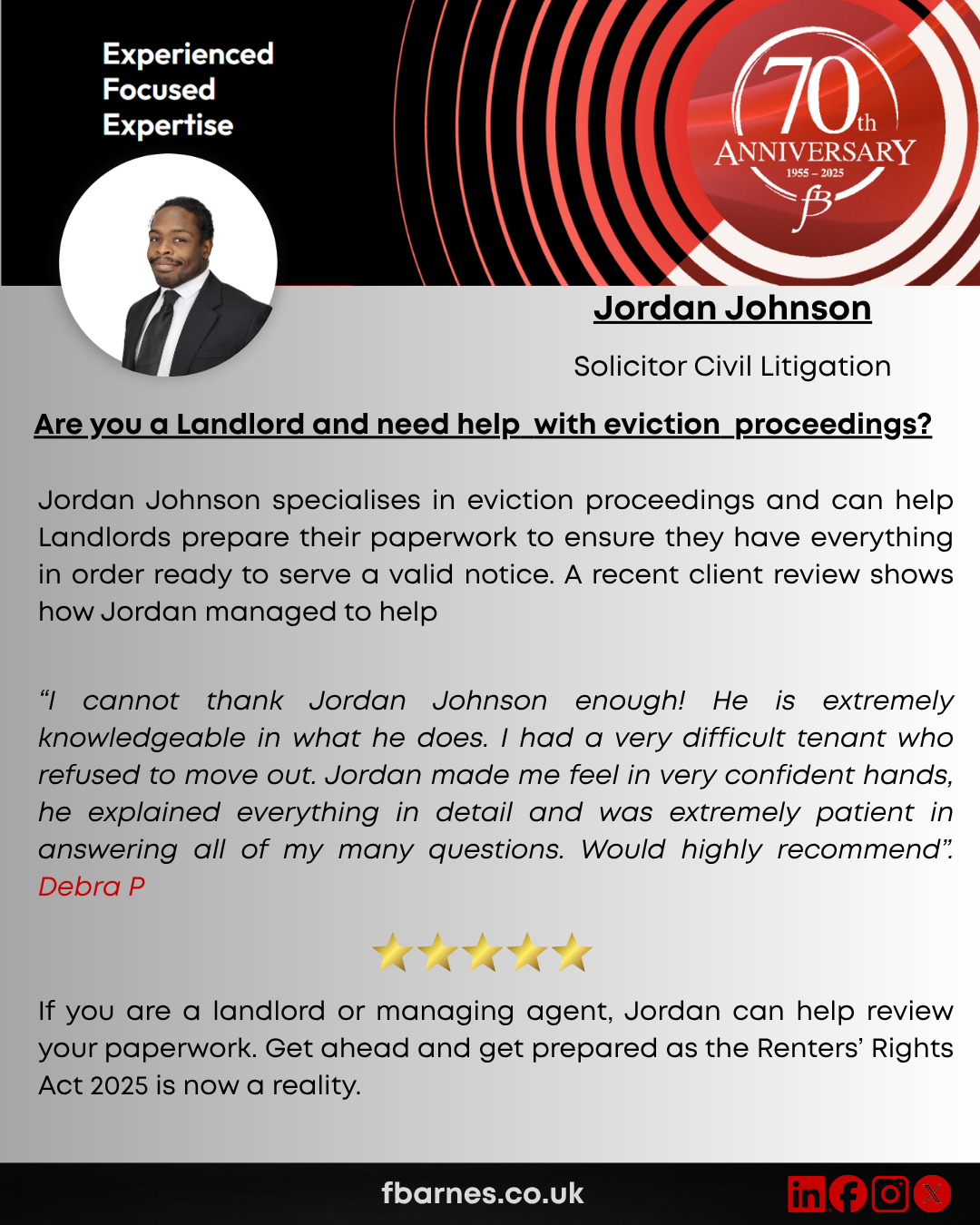 Jordan Johnson receives high praise from Landlord for assistance with possession proceedings