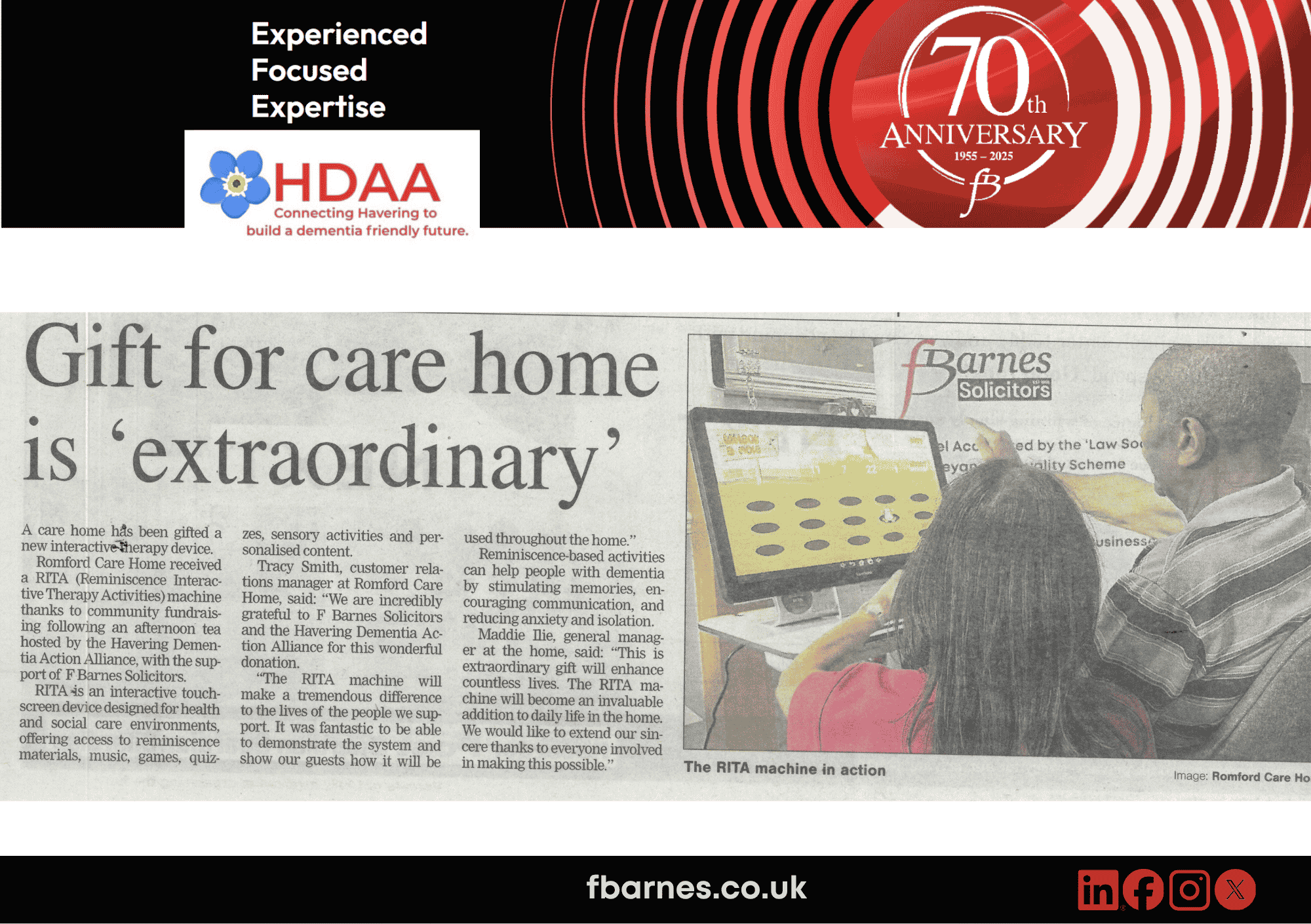 F Barnes receive thanks from Romford Care Home