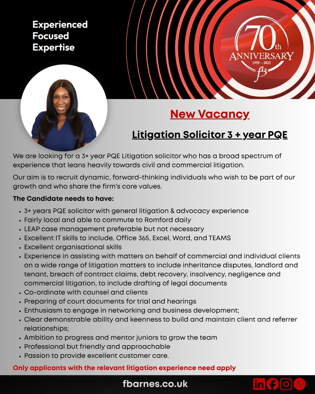 Vacancy Litigation Solicitor 3+ year PQE for Romford
