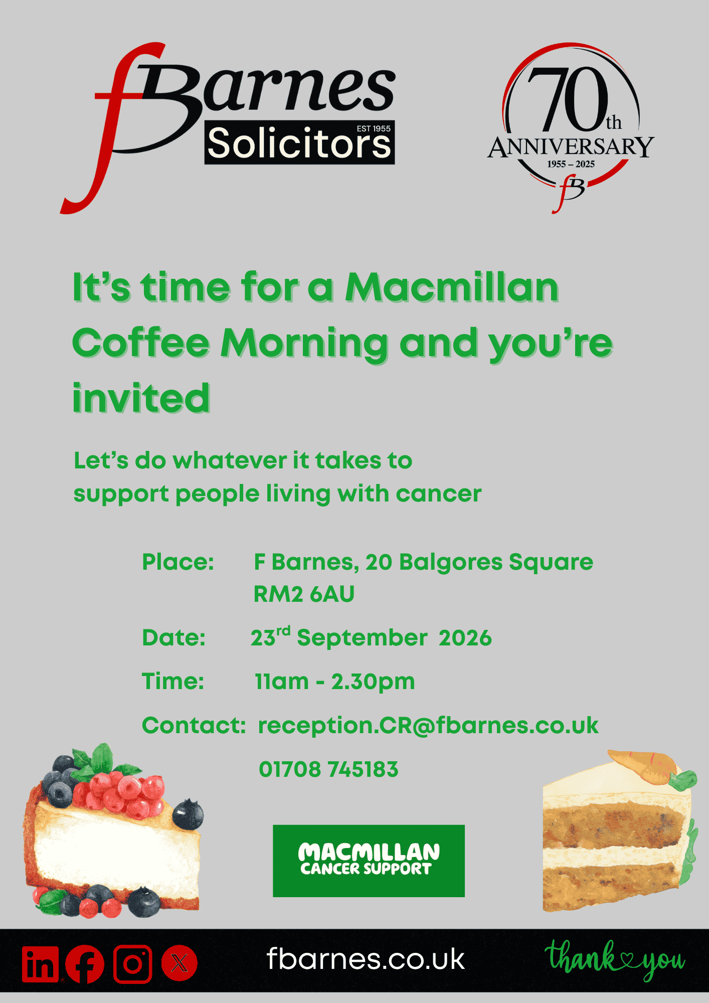 F Barnes host Macmillan Fundraising Event at Gidea Park Office on 23rd September 2026