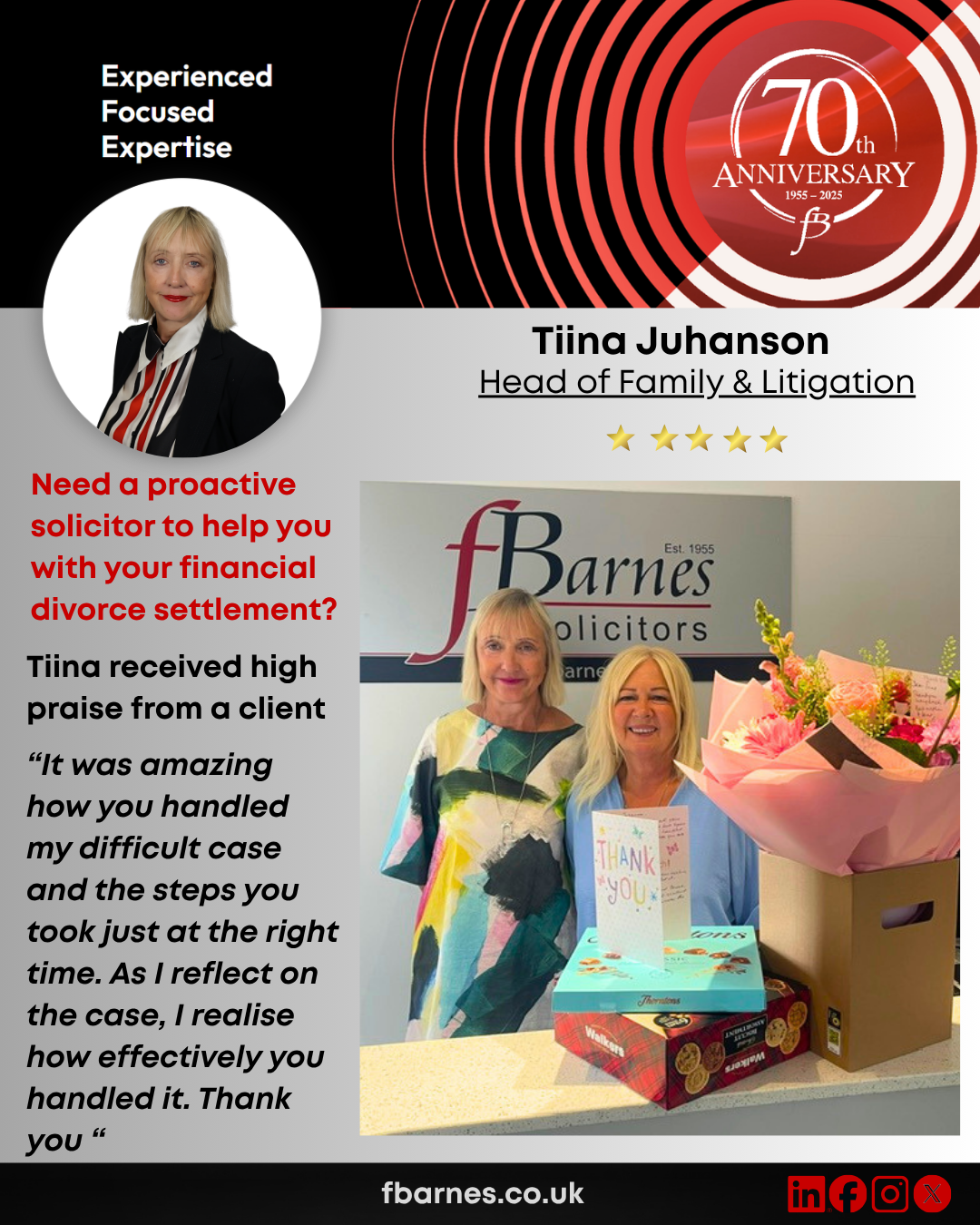 Tiina Juhanson receives praise for expert advice with Divorce settlement
