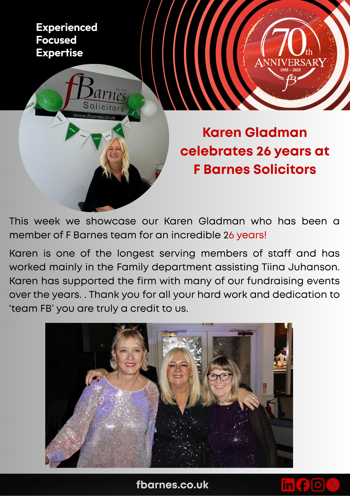 Karen Gladman celebrates 26 years work anniversary at F Barnes